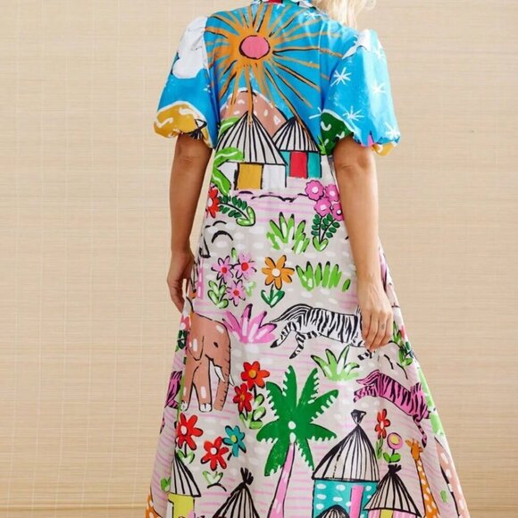 Boho Women's vacay Tropical Plant Print V-Neck Short Puff Sleeve maxi dress - Picture 2 of 8